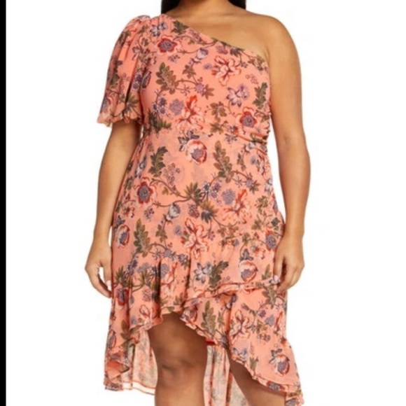 Chelsea28 FLORAL ONE-SHOULDER HIGH-LOW DRESS IN ORANGE DESERT BLOOM Dress - Picture 1 of 5